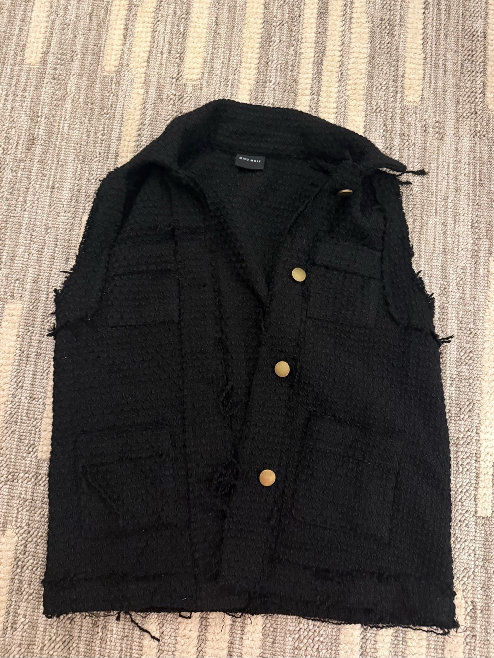 Black Bouclé Sleeveless Cardigan Vest with Gold Buttons - Unbranded